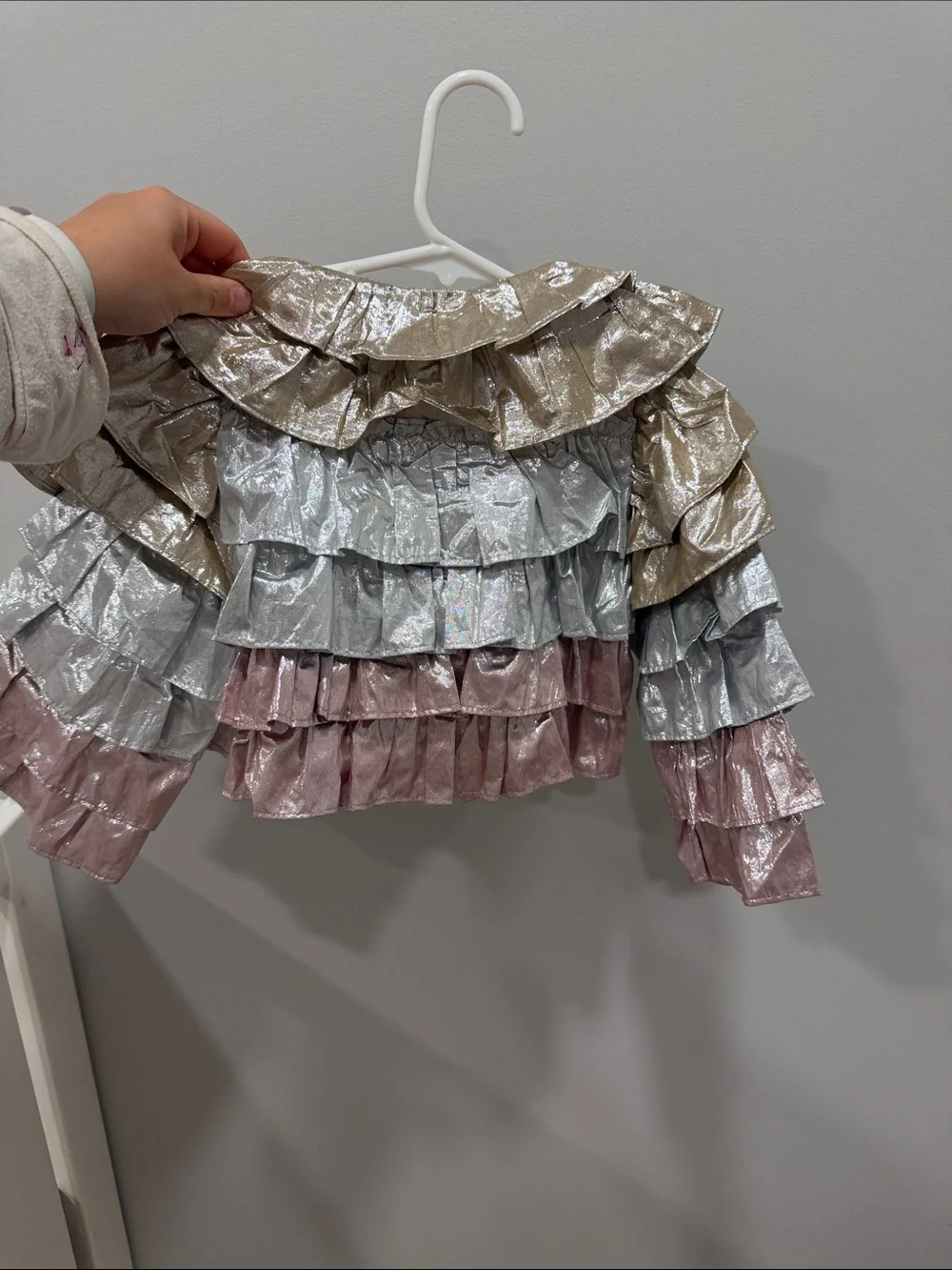 Mini Boden Metallic Ruffle Bolero Jacket in Pink, Silver & Gold Tones